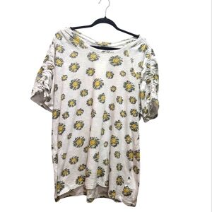 The Sweatshirt Project Plus Size 1X Daisy Print Top 100% Cotton Ruched Sleeves